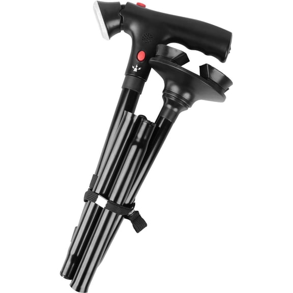 Deluxe Comfort Multi Function Cane and Walking Stick with Led Flashlight - Lightweight Collapsible Aluminum - Flashing Red Alert Lights & Emergency Siren - Safety Aid - Cane, Black