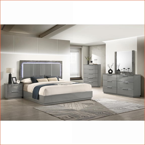 Bedroom Set Queen 5-Piece Modern White & Marble with LED Lighting, Storage | Wood | Standard Beds