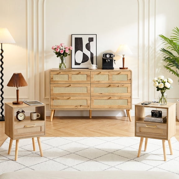 Rattan Bedroom Set - 6 Drawer Dresser and 2PCS Nightstand, 3 Piece Dresser and Nightstand Sets with Gold Handles, Curved-Top, Wood Chest of Drawers Mid Century Storage Cabinet Set, Natural