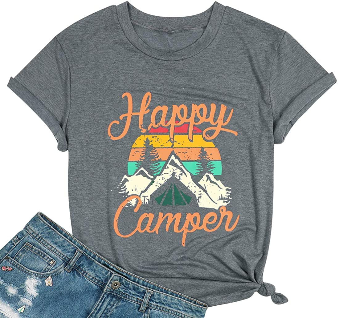 Happy Camper Shirts for Women Camping T-Shirt Letter Print Cute Graphic Short Sleeve Casual Tee Tops