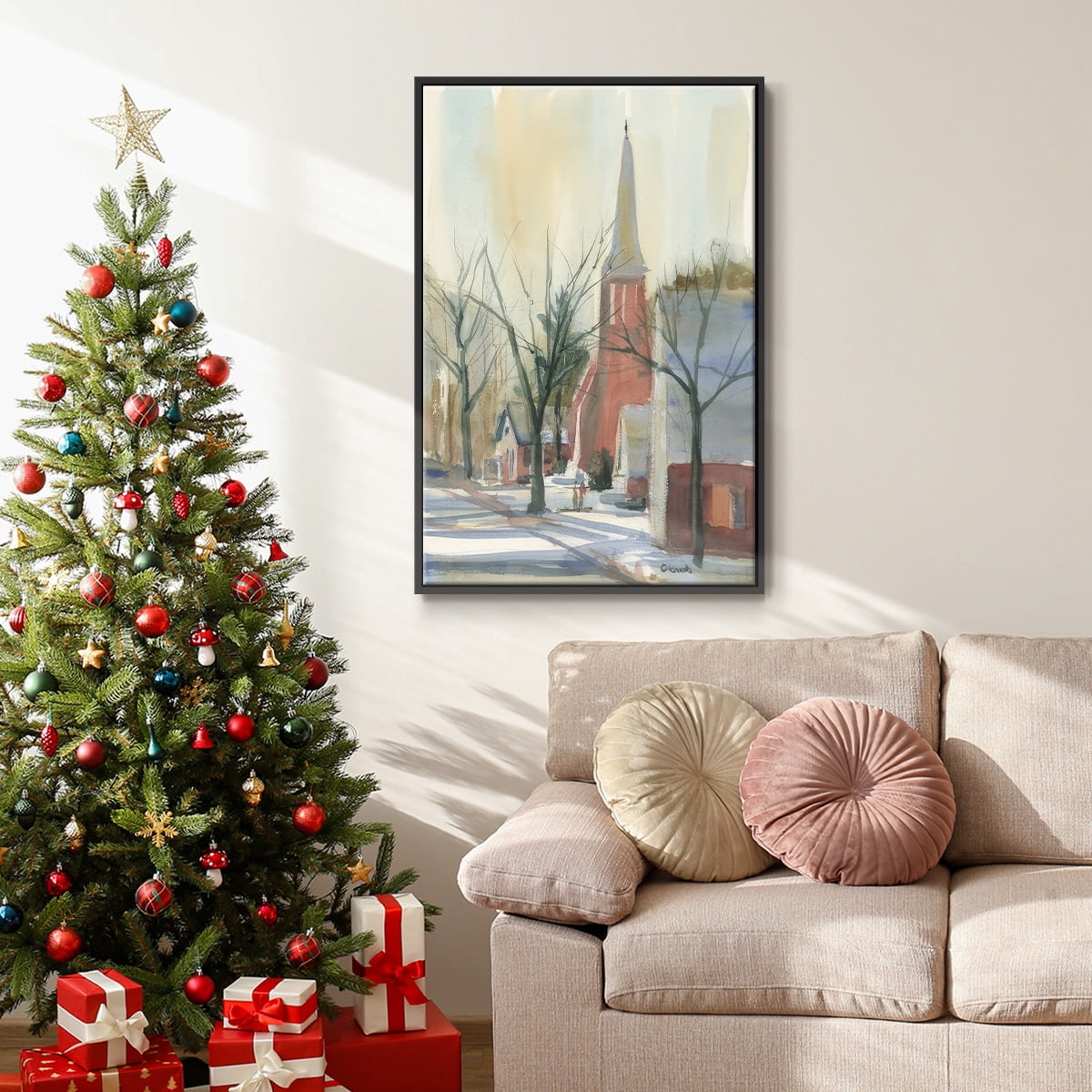 New England Main Street - Framed Gallery Wrapped Holiday Canvas - 27 x 41 - Black Frame