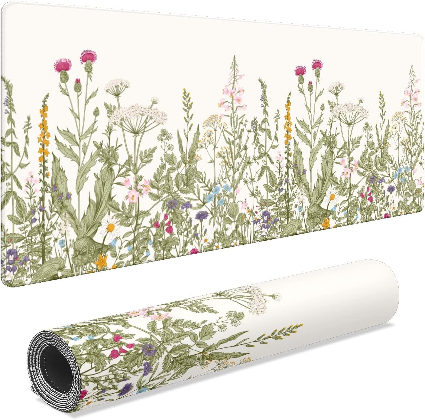 Wild Herbs Floral Desk Mat, Desk Accessory, Cute Workspace, Trendy Workspace, Trendy, 35.4x15.7in Large Gaming Mouse Pad, Cute Desk Topper, Pretty Desk Pad