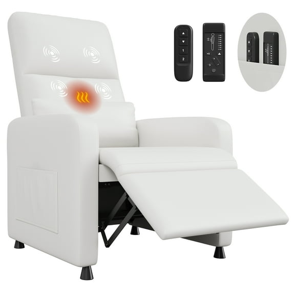 Power Recliner Chair with Heat & Massage, PU Leather Single Sofa with Padded Seat & 2 Side Pockets, Adjustable Electric Recliner for Living Room – Black / White / Brown
