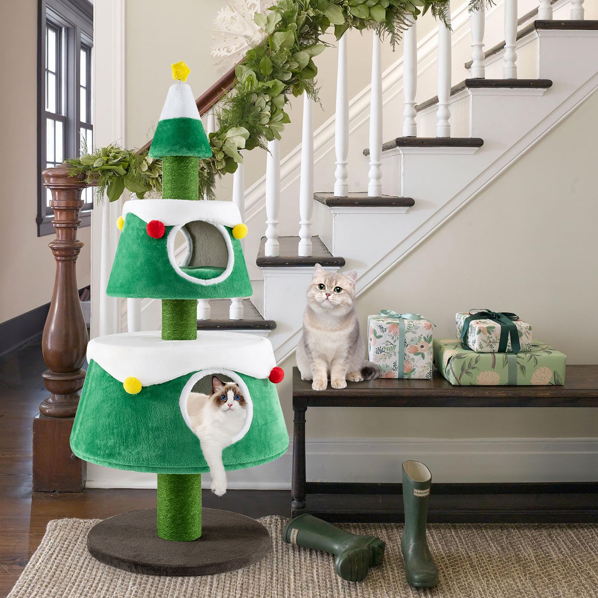 Gymax Christmas Cat Tree for Indoor Cats w/ 2 Condos Sisal Scratching Posts Spring Toy