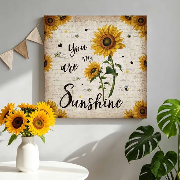 Canvas Wall Art Vintage Sunflower Canvas Art Print You Are My Sunshine Floral Bee Beige Letter Pictures Wall Decor for Living Room Bedroom Artwork Decorations Stretched Framed Ready to Hang 16"x16"