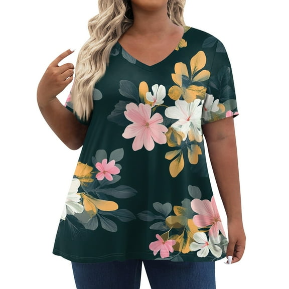 bbyeadc Womens Plus Size Tops Short Sleeve Summer Shirts V Neck Baggy Tunic Floral Blouses XL-5XL (White, L)