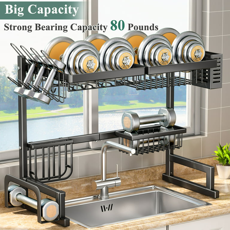 Over The Sink Dish Drying Rack, Adjustable (26.8 to 34.6) Large Dish  Drying Rack for Kitchen Counter with Multiple Baskets Utensil Sponge Holder  Sink Caddy, 2 Tier Black
