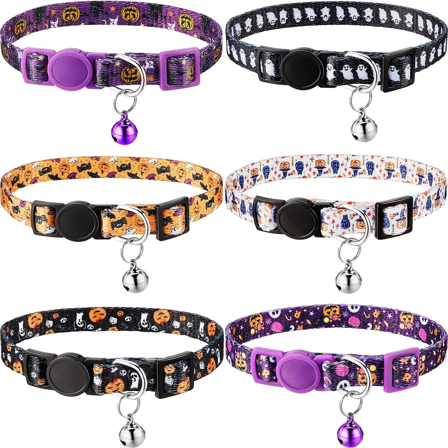 Funky Halloween Dots Comfy Cotton Breakaway Cat/Small Dog Collar w Bell.