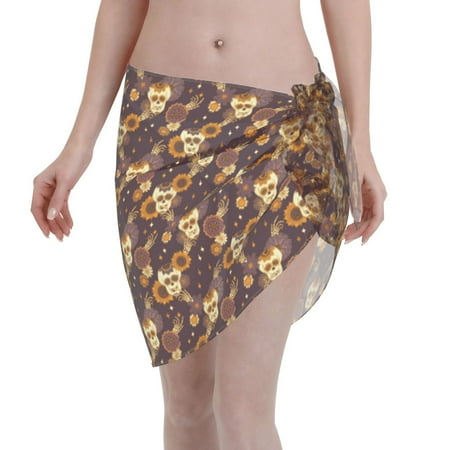 Coaee Sunflowers with Skull and Hand Women s Short Sarongs Beach Wrap Sheer Bikini Wraps Chiffon Cover Ups for Beach  Swimming  Holiday