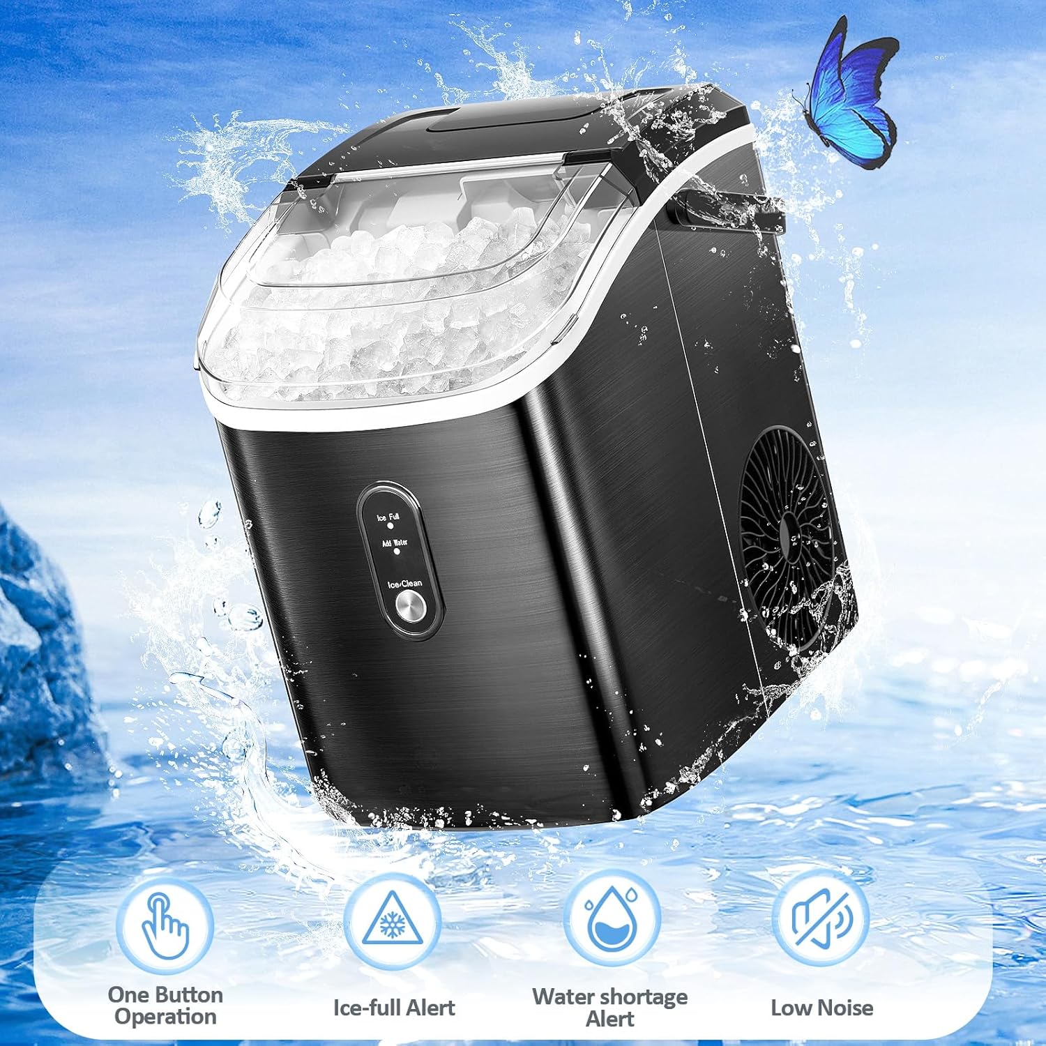 WAA 35Lbs/24H Nugget Ice Maker Countertop Pebble Soft Ice,Self-Cleaning Ice Scoop Black