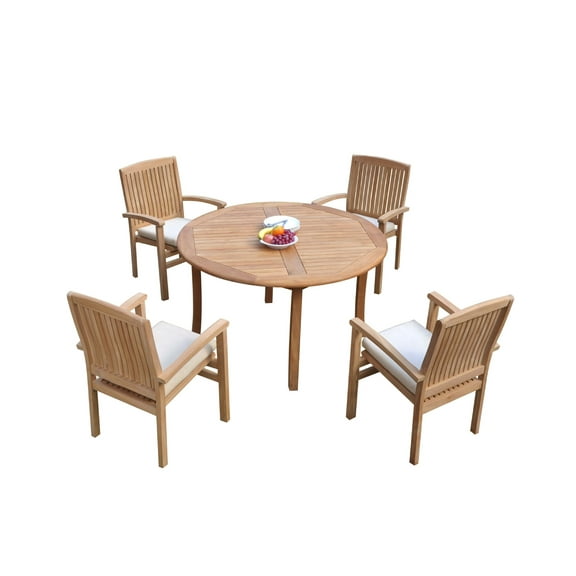 Grade-A Teak Dining Set: 4 Seater 5 Pc: 52" Round Table And 4 Wave Stacking Arm Chairs Outdoor Patio WholesaleTeak #51WV1105