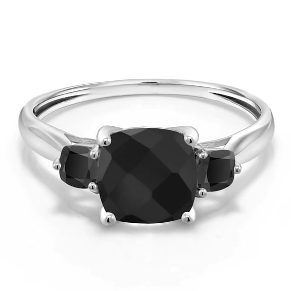 Gem Stone King 10K White Gold Black Onyx 3-Stone Engagement Ring | 1.73 Cttw | Cushion 7MM and 3MM | Three Stone Wedding Anniversary Promise Ring for Women (Size 7)