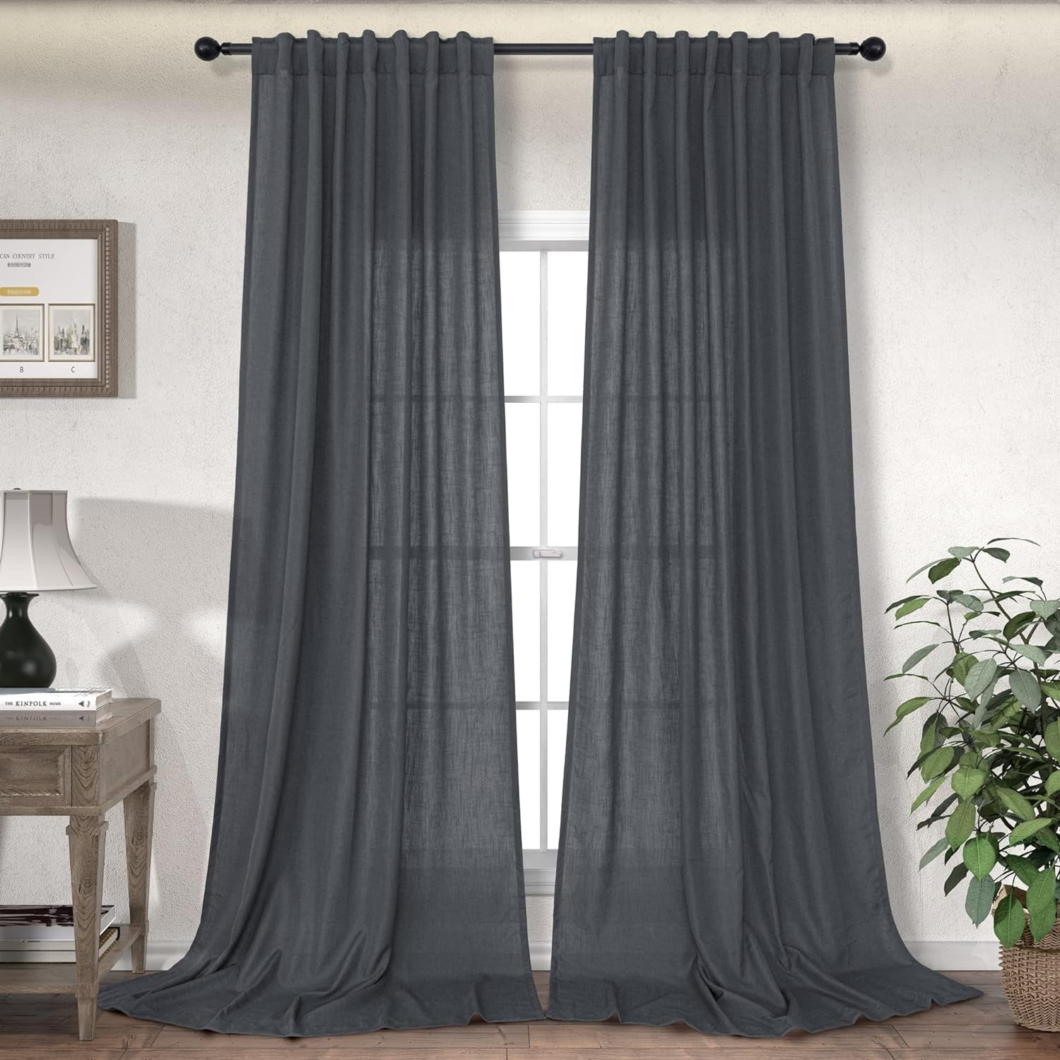 Dark Gray Curtains 90 Inch Length for Kids Bedroom 2 Panels Set Back Tab Pocket Flowy Flowing Semi Translucent Light Filter Charcoal Grey Linen Curtain Living Room Boys Nursery Playroom 52x90 Long