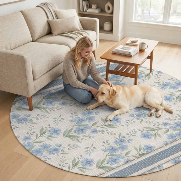 Blue Flower 6FT Round Area Rugs for Living Room Rustic Vintage Floral Leaf Blue Stripe Linen Texture Ultra-Thin Non-Slip Round Rugs Washable Low Pile Circle Carpet for Bedroom Kitchen Nursery