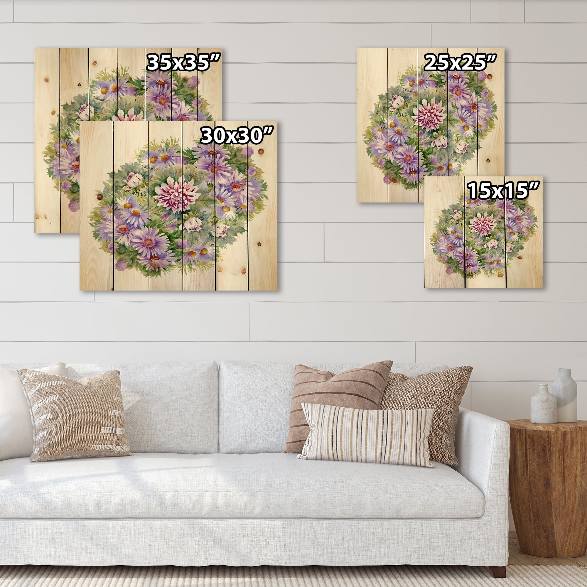 Designart 'Bouquet With Daisies and Purple Chrysanthemums' Traditional Print on Natural Pine Wood