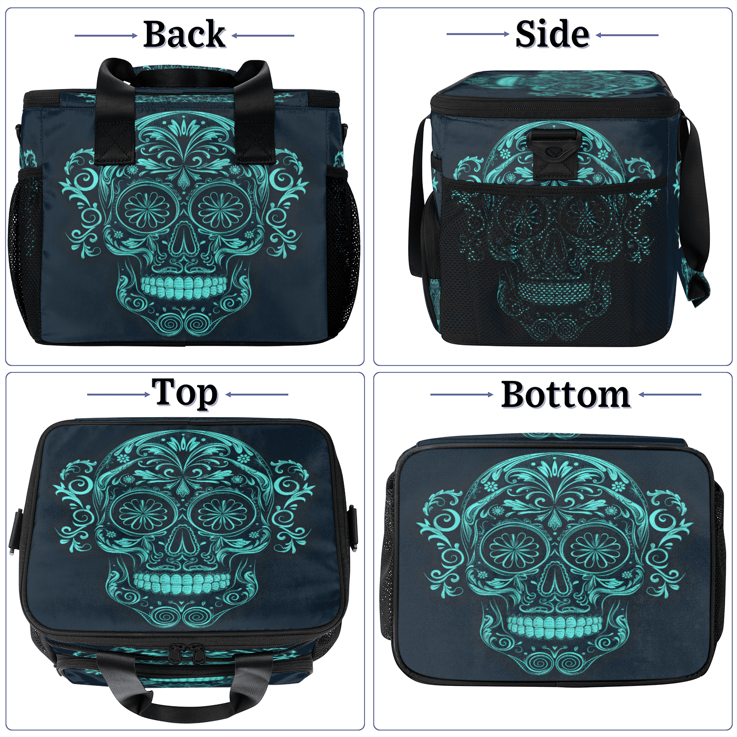 Herdesigns Sugar Skull Mexican Large Lunch Box for Adults Women Men with Adjustable Shoulder Strap, Insulated Reusable Lunch Bag Leakproof Cooler Tote Bag
