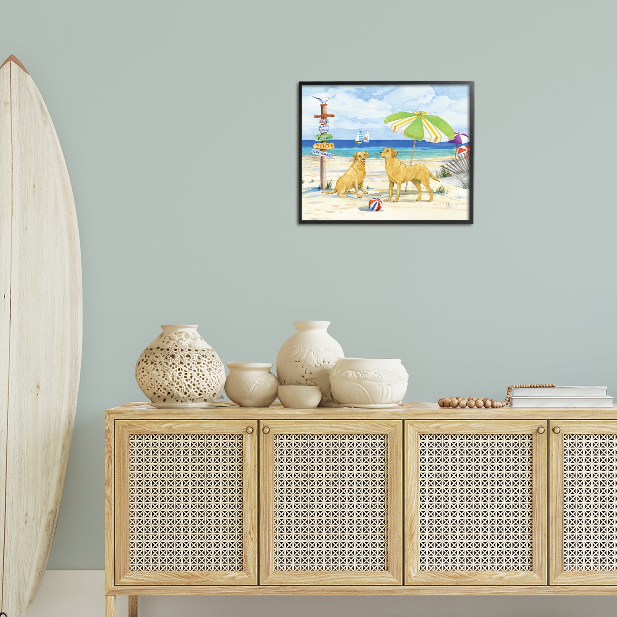 Stupell Industries Dog Beach Day Animals & Insects Painting Black Framed Art Print Wall Art, 20 x 16