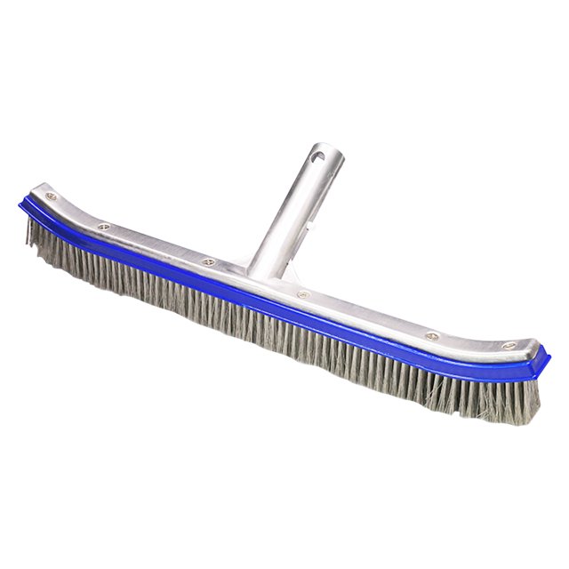 Cepillo limpiador para piscinas de 18 pulgadas con respaldo de aluminio y cerdas de alambre, ideal para paredes, pisos y escalones. Diseño ergonómico con agujero para conectar a varilla telescópica.