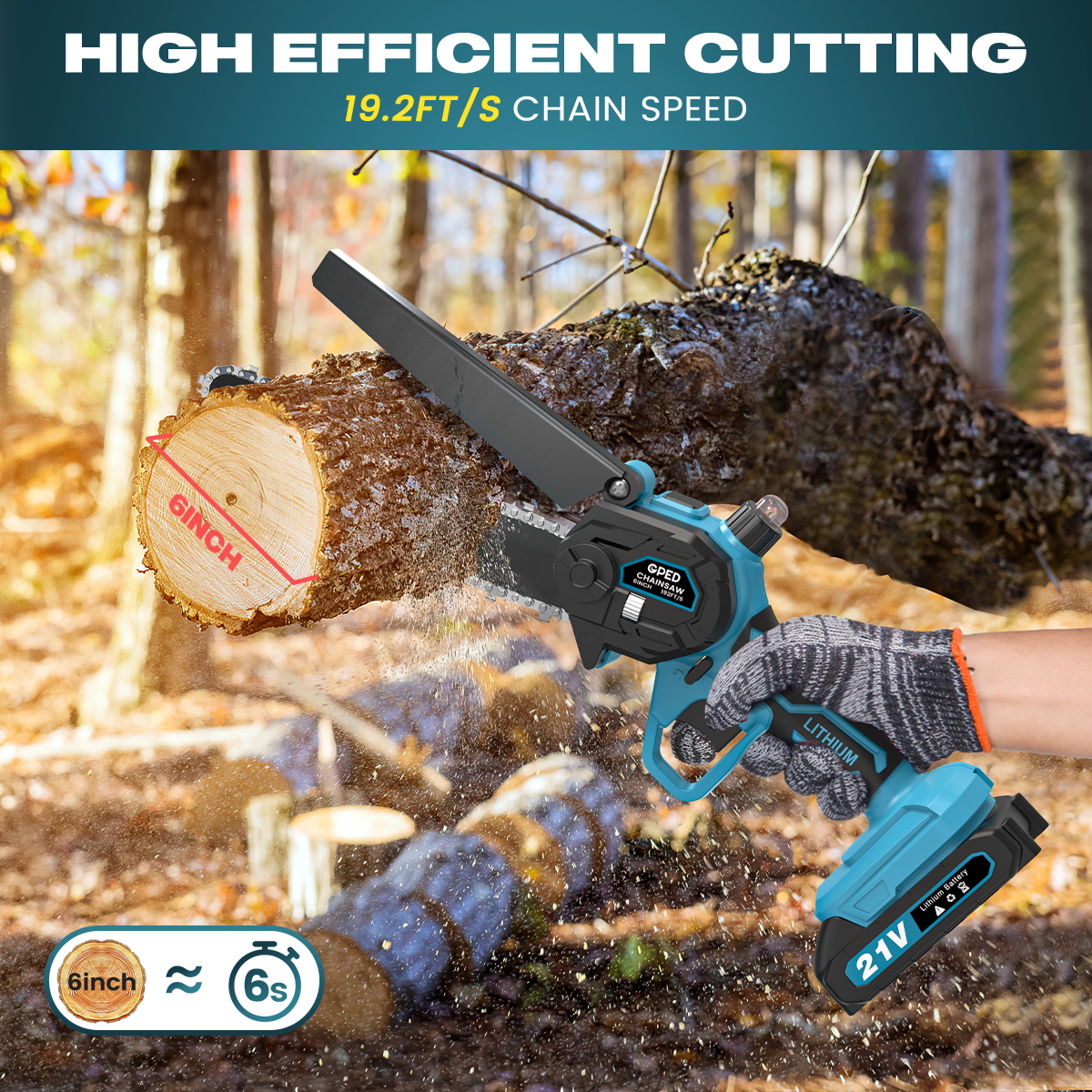 GPED Mini Chainsaw Cordless 6 inch with 2 Battery, Mini Power Chain Saw with Security Lock, Electric Chainsaw, Handheld Small Chainsaw for Tree Trimming Wood Cutting, Blue
