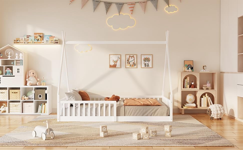 GLZ'HOME Twin House Bed with Fence, Modern Wood Montessori Floor Bed Frame Twin with Guardrails for Boys and Girls Bedroom, No Box Spring Needed (White)