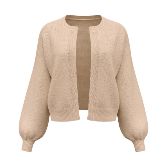 COMVALUE Women's Long Sleeve Open Front Knit Cropped Cardigan Sweaters Casual Drop Shoulder Short Shrugs Sweater Coats (Beige, L)