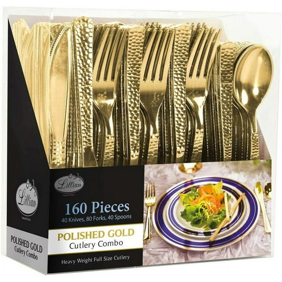 Lillian Cutlery Combo Box, Pebbled Polished Gold, Heavyweight Plastic, Premium Tablesettings, 160ct, High Count