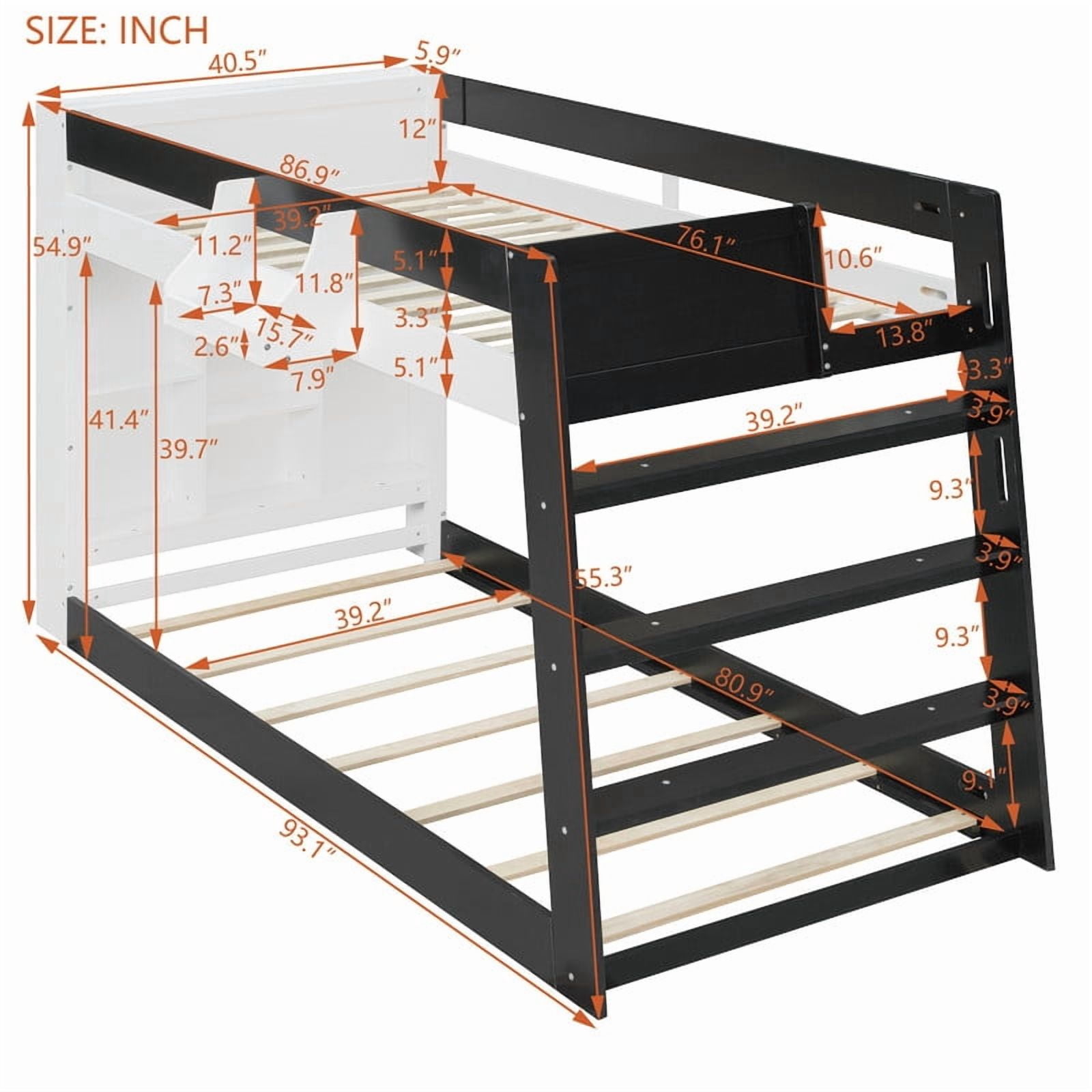 Twin-Over-Twin XL Kids/Teens Bunk Bed with Open Shelves & Guardrail, Accent Two-Tone Wood Storage Bed Frame with Bedside Rack