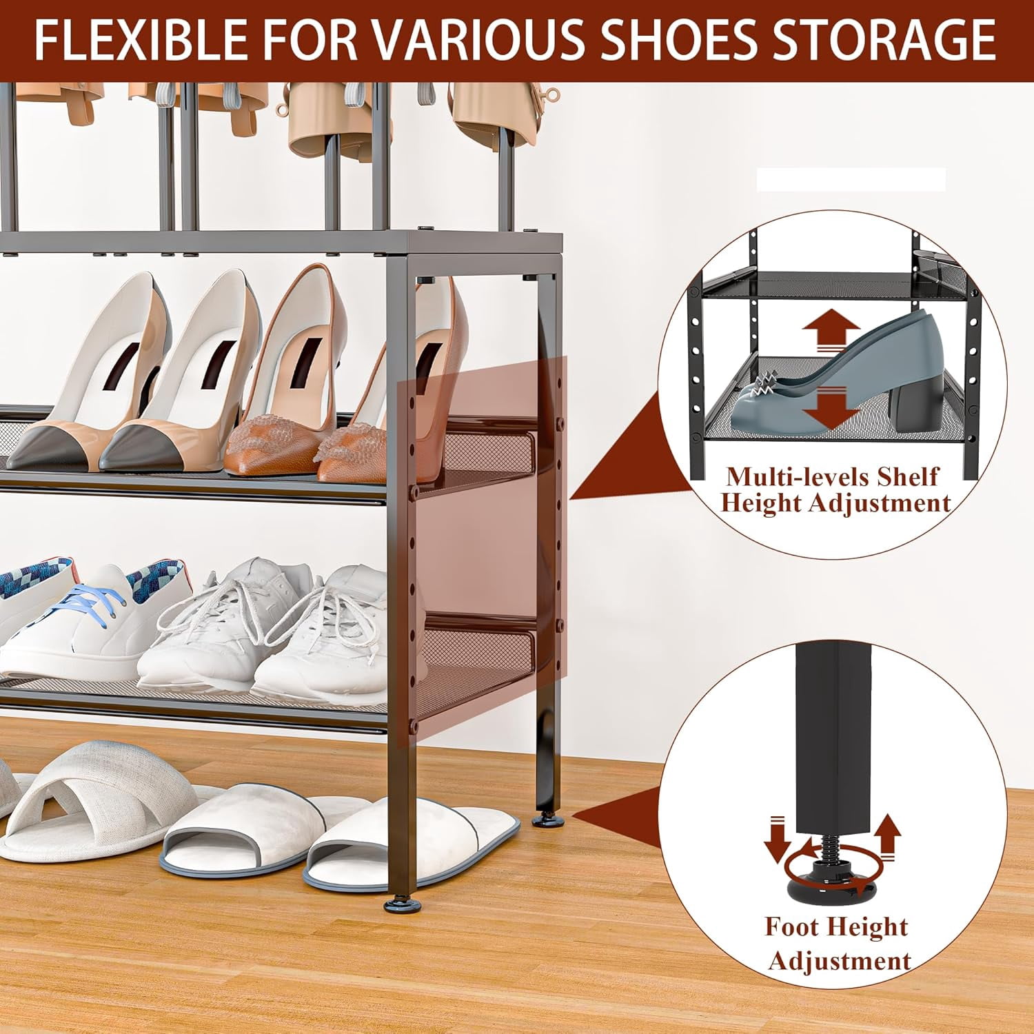 Adjustable Shoe and Boot Rack in One, 3 Tiers Tall Storage Organizer for Closet, Entryway, Garage
