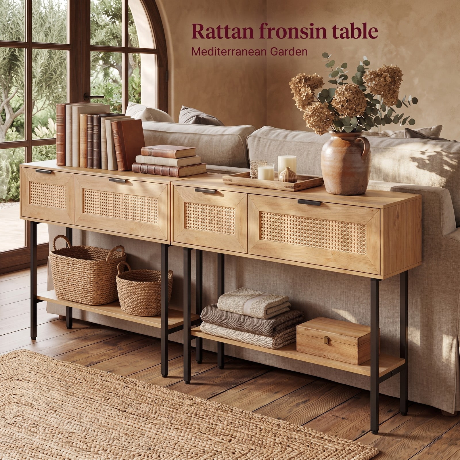 Furnibear Rattan Console Table with 2 Storage Drawers and Open Shelf and Carbon Steel Frame for Entryway and Hallway, Natural