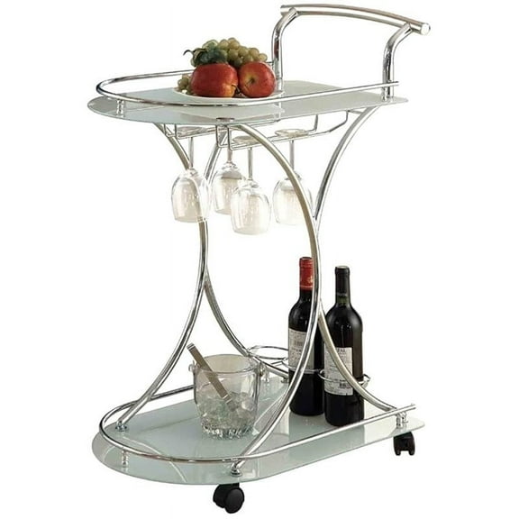 Bowery Hill Glass Top Bar Cart in Chrome and White