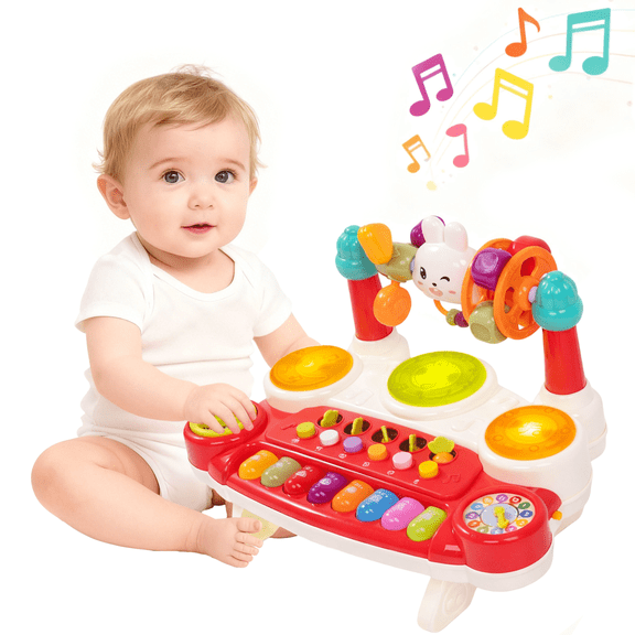 SaveJoy Baby Musical Toys 10 in 1 Piano Keyboard Drum Set for Toddler 12-24 Months,Early Educational Kids Gift,Electronic Learning Toy,Red