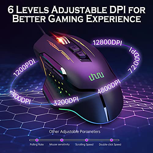 Wired Gaming Mouse UHURU WM-07L RGB Computer Wired Mouse with 7 Programmable Buttons 14 Backlights Modes up to 12800 DPI for Windows PC Laptop Gamers 