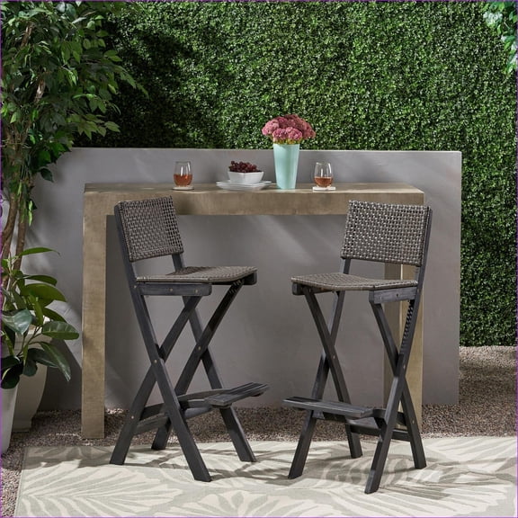 Outdoor Barstools | Set of 2 Foldable Bar Height Stools for Patio Backyard Bistro | Acacia Wood | Charcoal Gray
