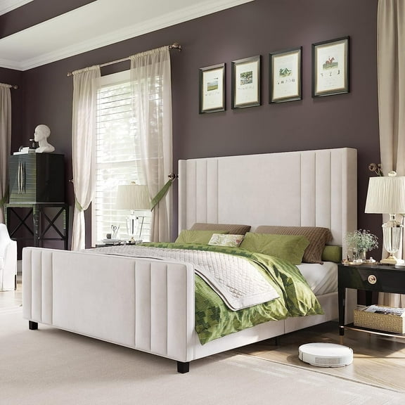 Amerlife Queen Size Bed Frame with Velvet Upholstery, Tufted Headboard and Footboard, Cream