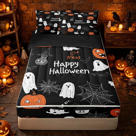 Erosebridal Spooky Animal Pumpkin Zipper Twin Comforter Sets with Fitted Sheet and 2 Pillowcases, Happy Halloween Zipper Bedding Set for Boys Girls, Black Orange White, Black Reversible