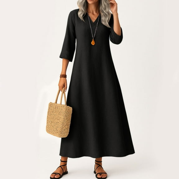 UoCefik Cotton Linen Dress for Women Summer Business Flowy V Neck Maxi Dresses Casual 3/4 Sleeve Dress Modest Fall Vacation Beach Sundress Black M