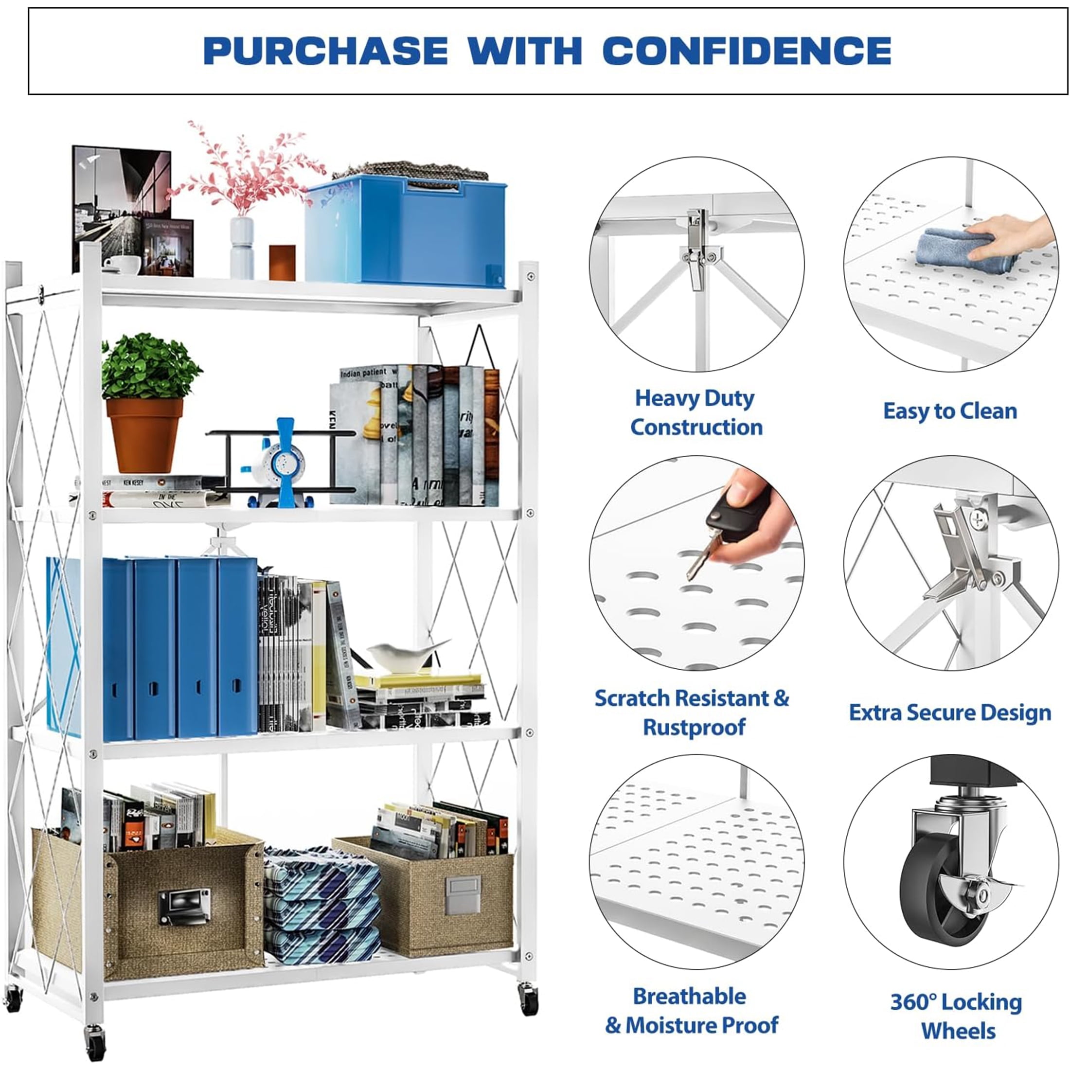 Lifetime Appliance Parts 4-Tier Foldable Storage Shelf with Wheels - Metal Collapsible Shelving Unit Display, Rolling Cart for Books Kitchen Storage Shelves, Pantry & Closet Organizer - WHITE
