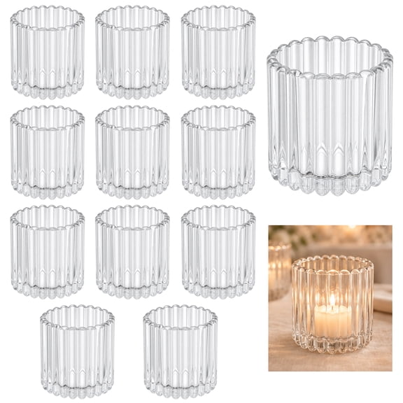 12 Pcs Glass Votive Candle Holders, Ribbed Design, 3 x 3 in|Thickened Glass, Easy-Clean Surface, Warm Light Refraction, Table Decor for Weddings, Birthdays, and Holidays