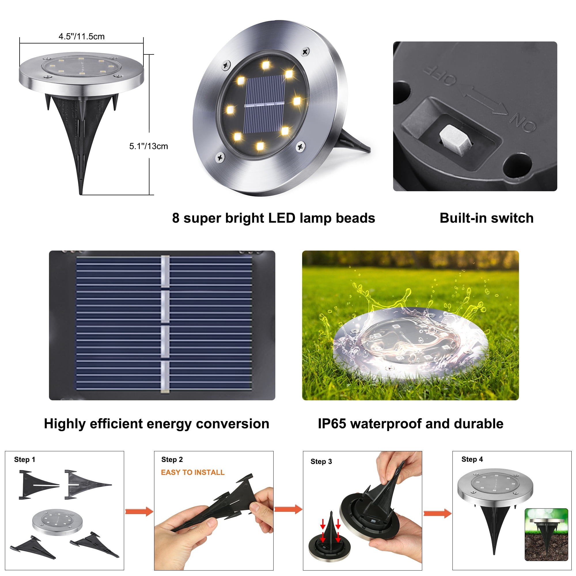 Toodour 12 Pack Solar Ground Lights Outdoor, 8 LED Waterproof Solar Powered in-Ground Disk Lights for Garden Patio Yard Lawn Driveway Pathway, Warm White