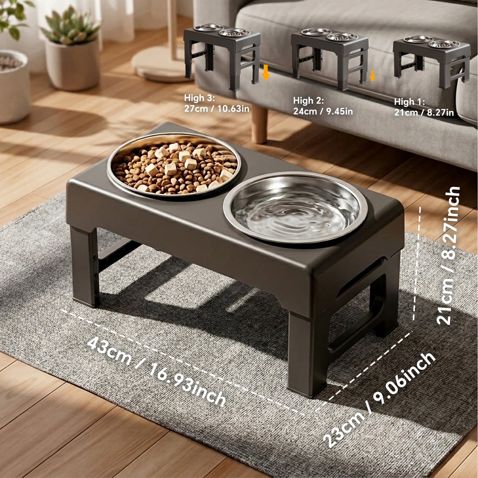 Elevated Dog Bowls Stand with Slow Feeder and 2 Stainless Steel Dishes, Height Adjustable Non-Slip Base Raised Pet Feeder for Most Sizes, Black