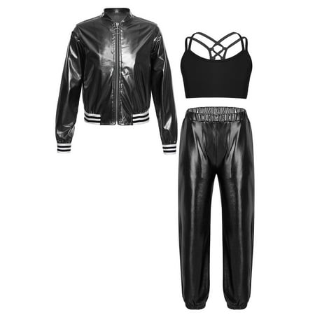 dPois Kids Girls Shiny Metallic Bomber Jacket Coat Outwear Jazz Hip Hop Dance Crop Top Sports Bra Black 10