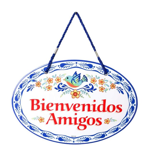 E.H.G. - "Bienvenidos Amigos"" Obra De Arte Tradicional Latina De Cerámica De 11.0 X 8.0 In, Cartel Español Para Puerta De Entrada Con Pájaros Y Motivo Azul, Decoración De Casa De Campo, Decoración De
