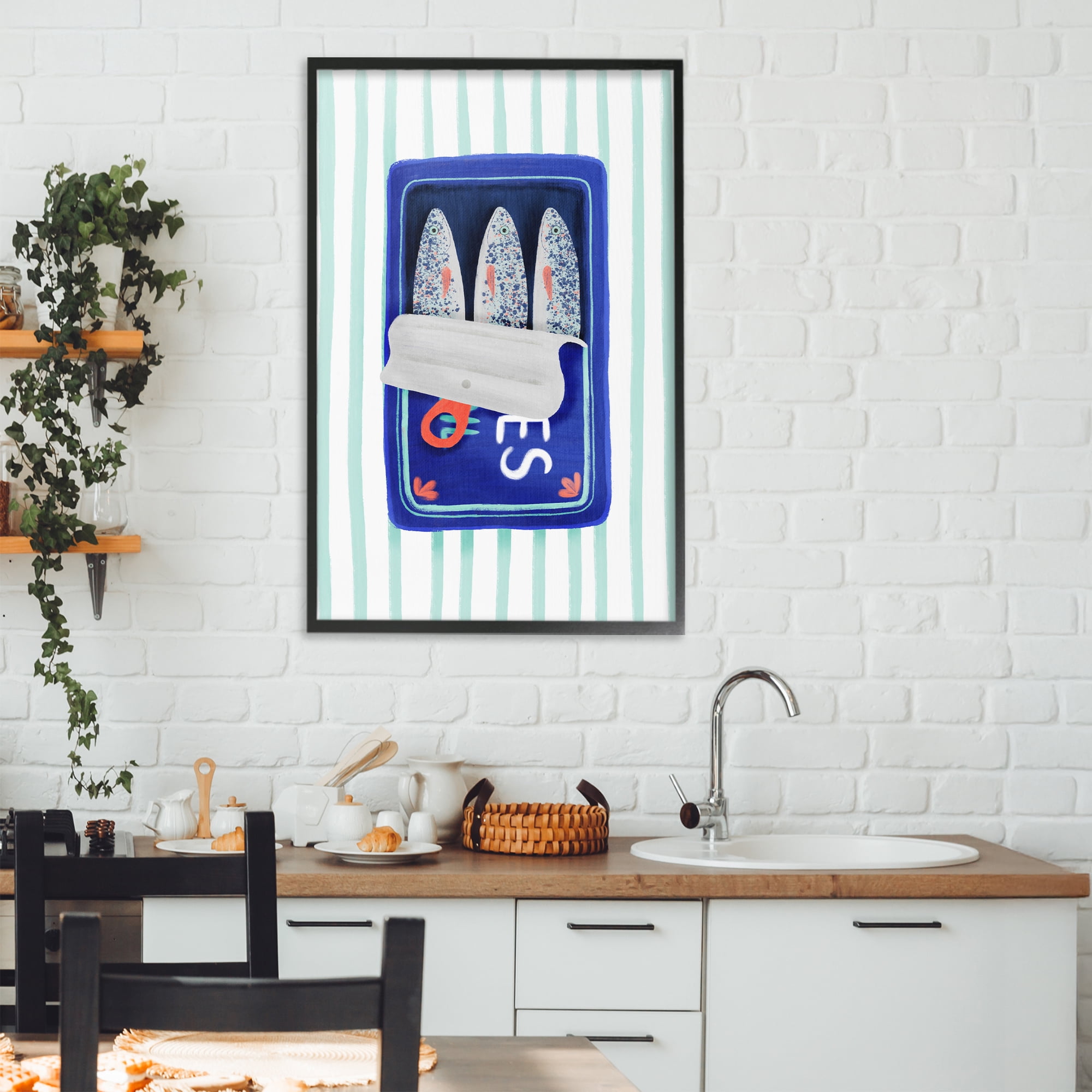 Stupell Industries Blue Sardines on Stripes Black Framed Giclee Art, design by Metka Hiti