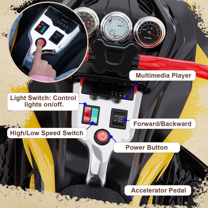 RCB 12V Electric Ride-On,Dual Motors,Music,Up to 5 mph,3 Wheel ATV Style for Kids Ages 3+,Yellow