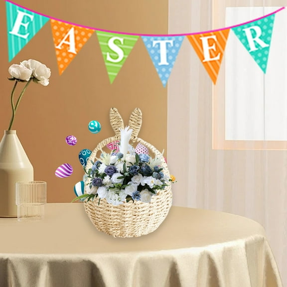 kladzum Easter Basket with Handle Easter Bunny Baskets Imitation Rattan Handheld Flower Basket Ears Paper Rope Woven Handheld Basket, Storage Bins, Cute Small Gift Baskets