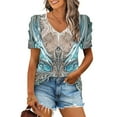 thumbnail image 2 of Olyvenn Women V Neck Top Blouses for Women Short Sleeve Daisy Trendy Floral Graphic Loose Fit Puff Sleeve Summer Fall Shirts 2025 Trendy Blue L, 2 of 5