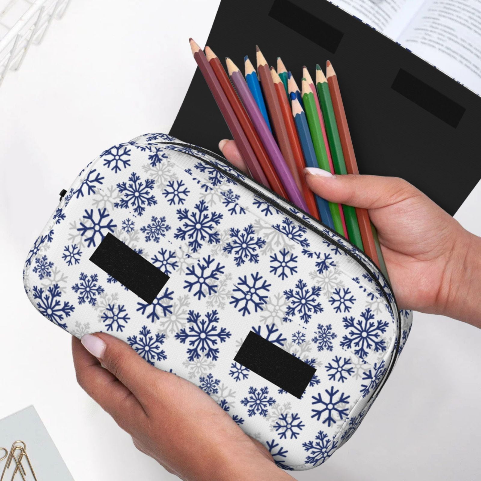Rateoe Dark Blue Snowflakes Pattern Double Clamshell Pen Case, Storage Organizer with Two Zipper Compartments– Holds Up to 50 Pencils & Pens