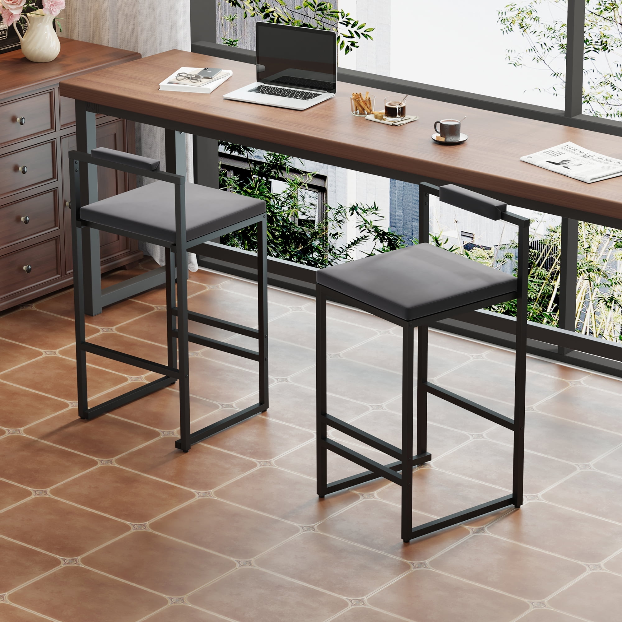 Upholstered Velvet Bar Stools Set of 2 Counter Height with Low Back and Footrest Gray Fabric and Black Metal Frame for Kitchen Island