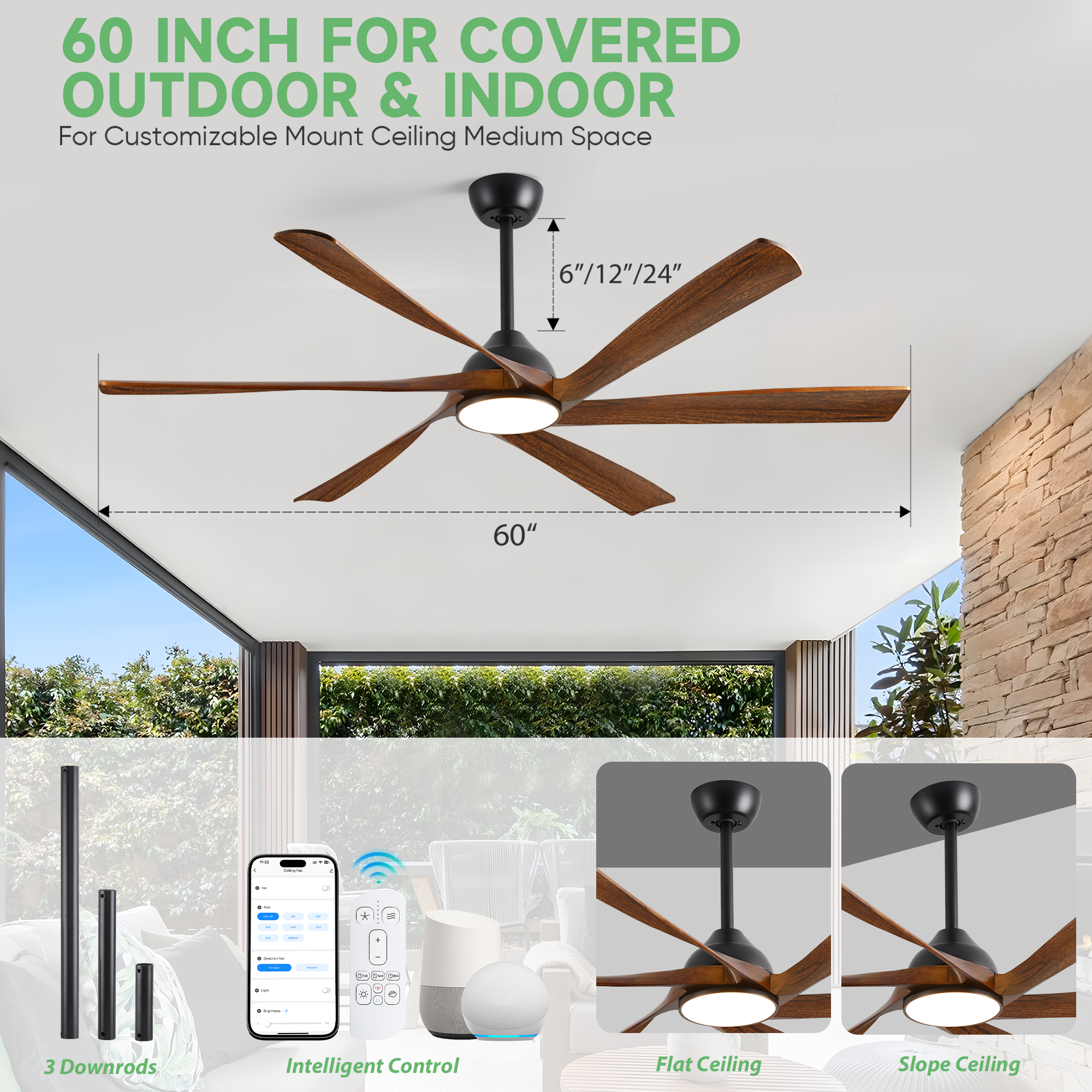 60 inch Smart Ceiling Fan with Light and Remote, Large 6 Blades Wood Ceiling Fan with Voice/App Control, Indoor Outdoor Fans for Patios Porches Bedroom Kitchen