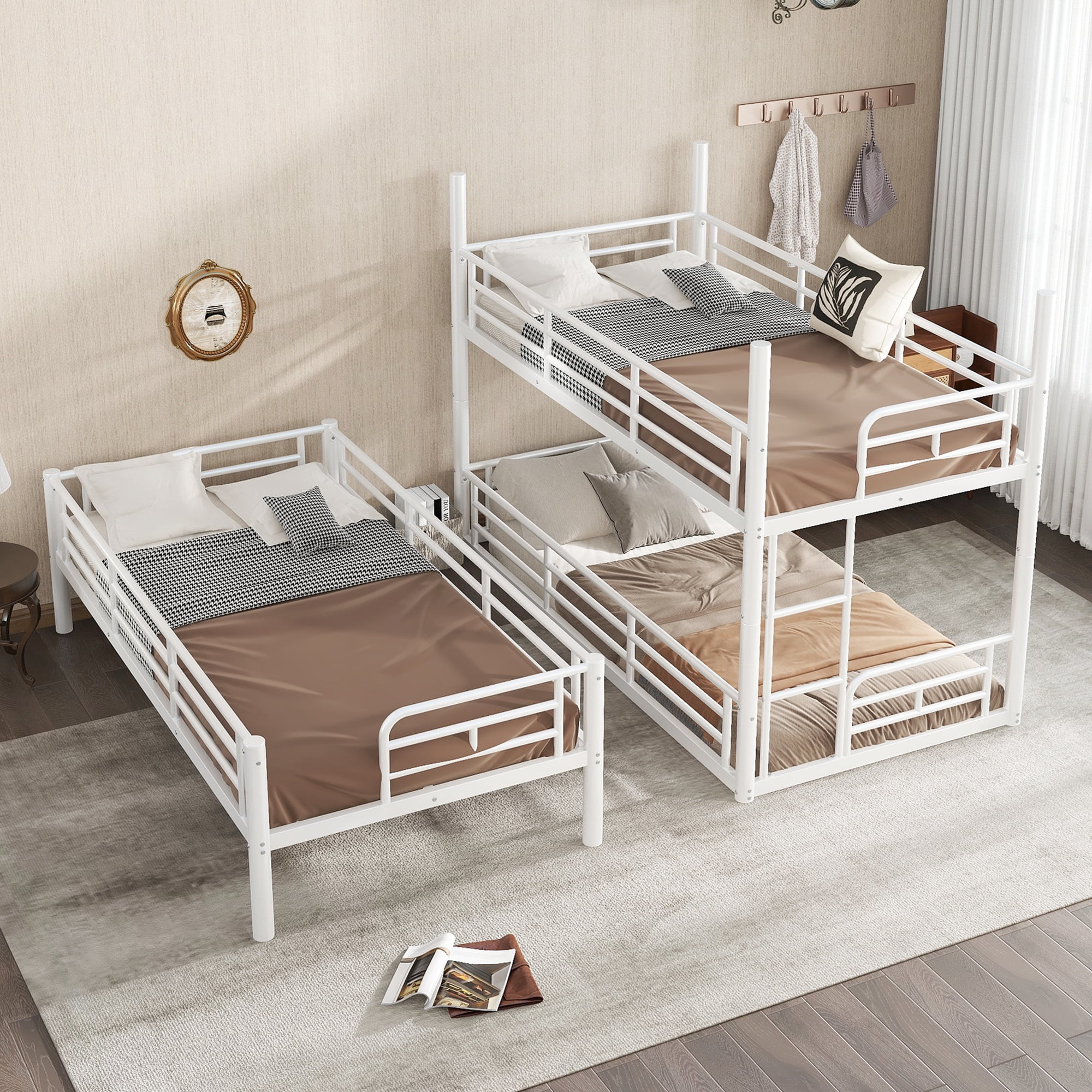 Euroco Metal Twin Bunk Bed,Triple Bed for Kids Room,3 Bed for Kids Teens Adults, Space-Saving, White